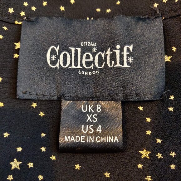 Collectif London Womens XS/4 Black Gold Star Print Tie Neck S/S Semi Sheer Top - Picture 7 of 8